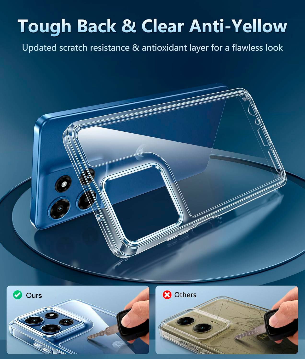 Tough Back & Clear Anti-Yellow  
Updated scratch resistance & antioxidant layer for a flawless look  

Ours  
Others