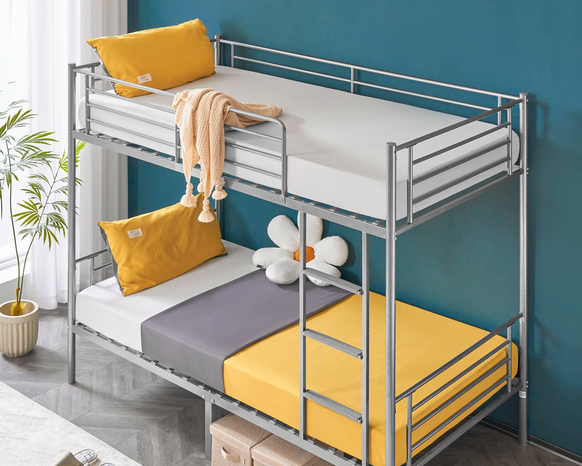 Alt View 6. Winado - Metal Twin Bunk Bed Frame with Safety Rails Flat Ladder Full-Length Guardrail No Boxing Spring Needed  for Teens Bedroom - Grey.