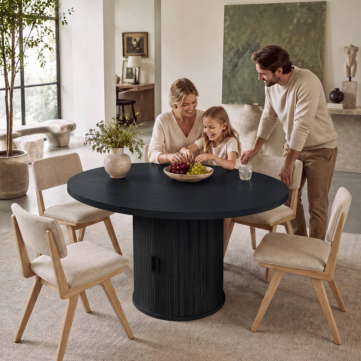 Left. Dyonery - Extendable Dining Table 43-59" for 4-6 People, Round Kitchen Table with Fluted Slide Door & 8-Compartment Storage - Black.