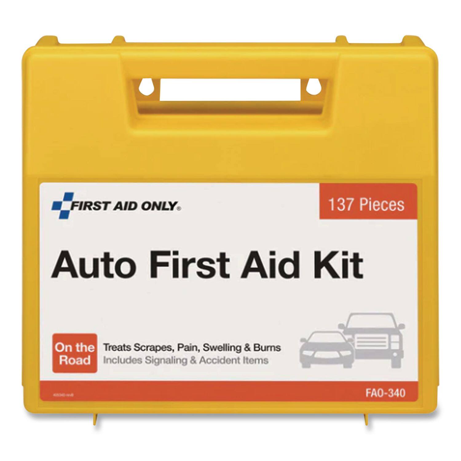 FIRST AID ONLY. 137 Pieces Auto First Aid Kit On the Road Treats Scrapes, Pain, Swelling & Burns Includes Signaling & Accident Items FA0-340