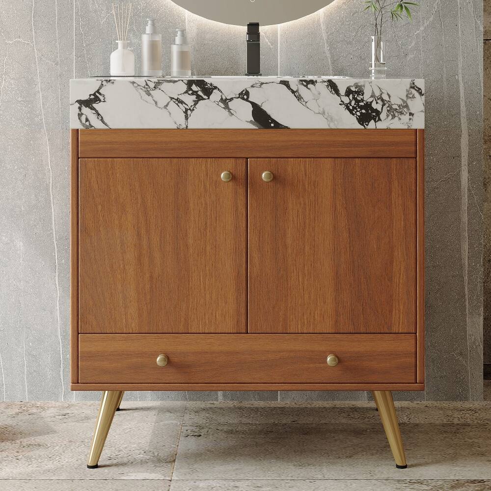 Angle. Loheer - Loheer 30 inch bathroom vanity Freestanding Faux Marble Top Ceramic Sink Walnut - Walnut.