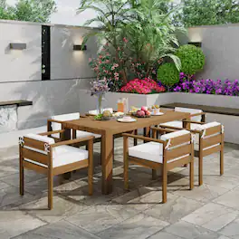 Loheer - 7-Piece Acacia Wood Patio Dining Set, All-Weather Furniture for 6 with Umbrella Hole & Washable Cushions - Light Teak