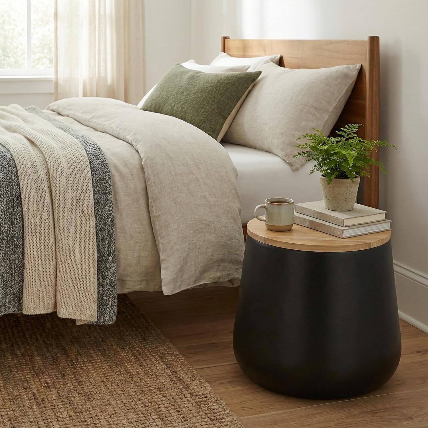 Left. LeisureMod - Orunel Storage Side Table, Fiberstone & Paulownia Wood Top Round Indoor/Outdoor Accent Table - Black.
