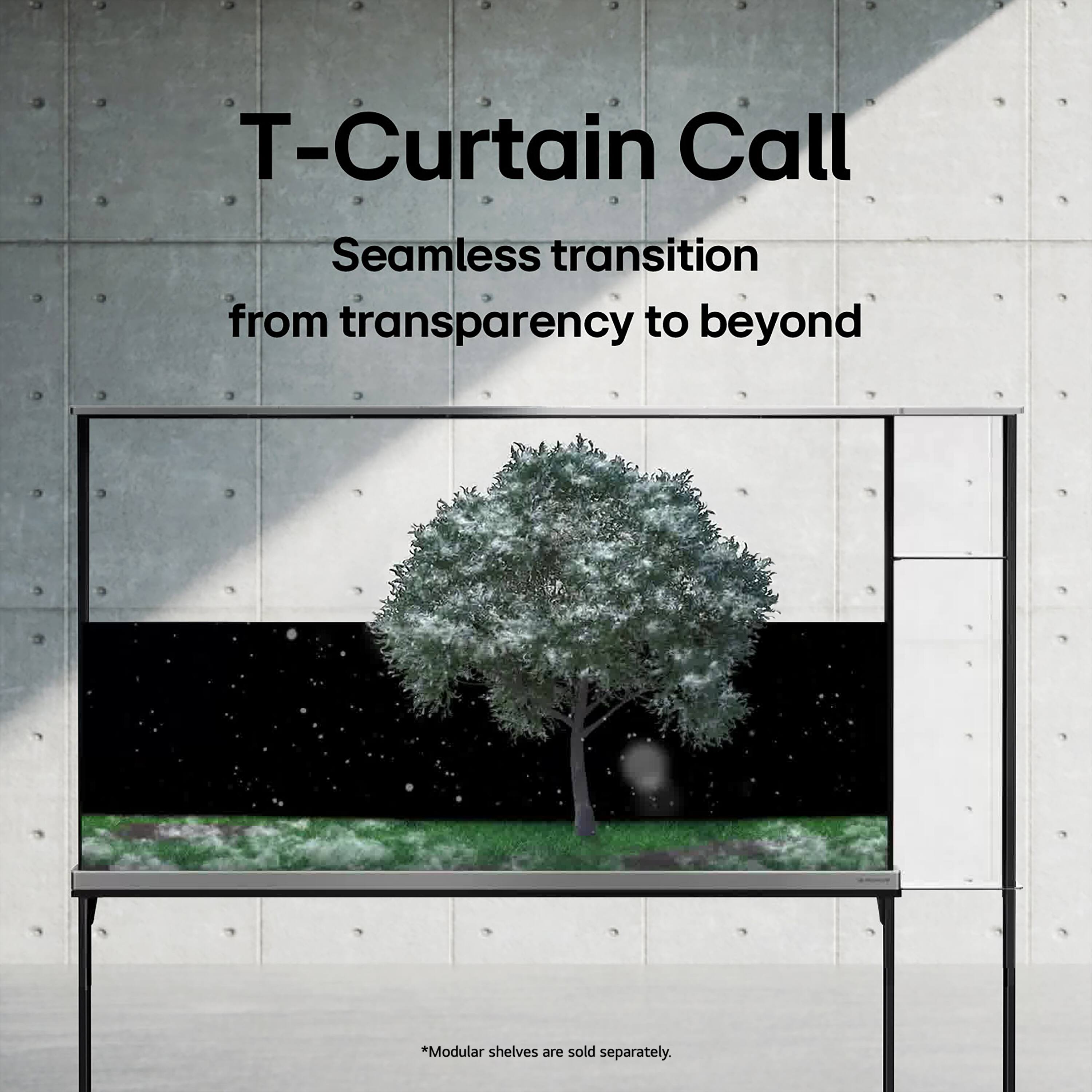 T-Curtain Call: Seamless transition from transparency to beyond. Modular shelves are sold separately.