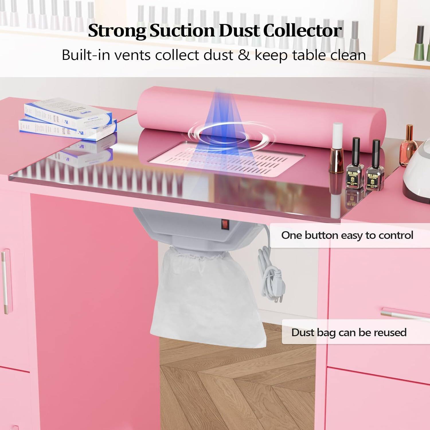 Strong Suction Dust Collector  
Built-in vents collect dust & keep table clean  

One button easy to control  

Dust bag can be reused