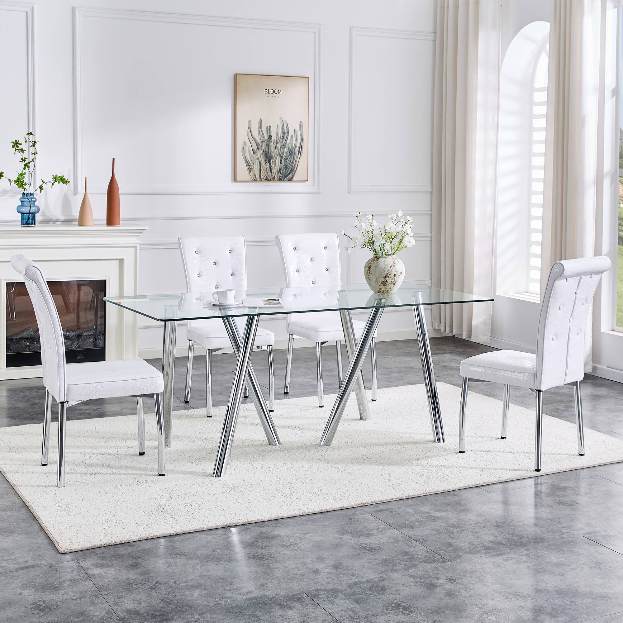 Alt View 4. Loheer - Loheer- 5.9ft Modern Tempered Glass Dining Table Heavy Duty Metal Legs Rectangular Kitchen Furniture - White.