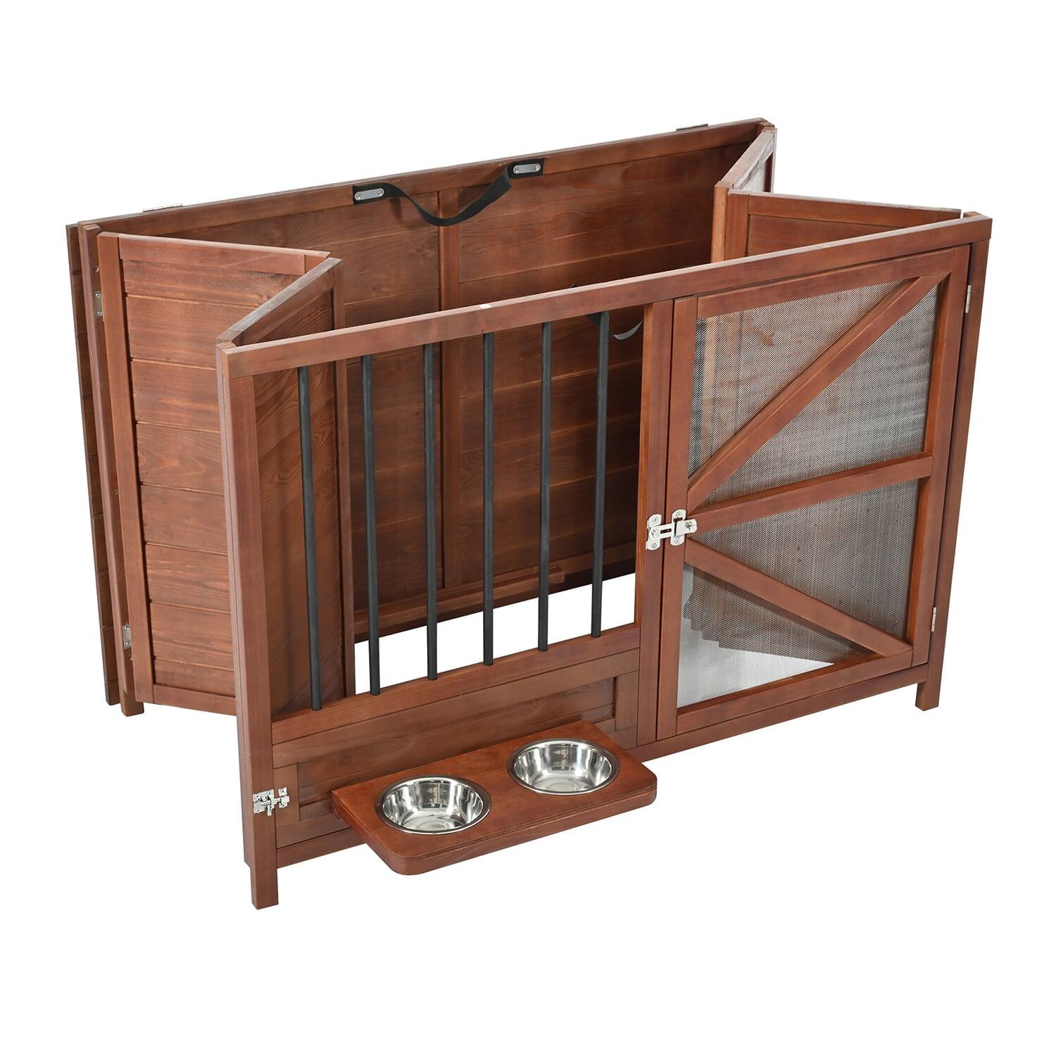 Back. Pefilos - 43" Wood Foldable Dog Crate with 360° Rotating Feeder, Removable Tray, Multi-Functional Kennel for Medium to Small Dogs.