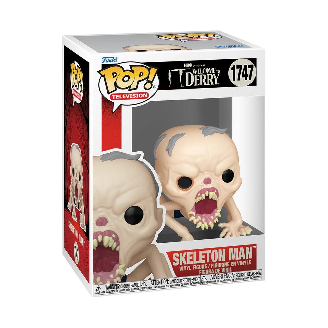 Sure, here is the corrected and grouped text from the image:

---

**Top Left Corner:**
- Funko
- POP!
- TELEVISION

**Top Right Corner:**
- HBO ORIGINAL
- WELCOME TO DERRY
- 1747

**Front Center:**
- SKELETON MAN™
- VINYL FIGURE / FIGURINE EN VINYLE / FIGURA DE VINIL / FIGURA DE ASFÍA
- ADVERTENCIA: PELIGRO DE ASFIXIA / ATTENTION: DANGER D'ASPIRATION / ATTENTION: DANGER D'ASPIRATION / ATTENTION: DANGER D'ASPIRATION
- Small parts. Not for children under 3 years. / Petits pièces. Ne convient pas aux enfants de moins de 3 ans.

**Bottom Left Corner:**
- WARNING: CHOKING HAZARD - Small parts. Not for children under 3 years. / ATTENTION: DANGER D'ASPIRATION - Petits pièces. Ne convient pas aux enfants de moins de 3 ans.

**Bottom Right Corner:**
- SKELETON MAN™

---