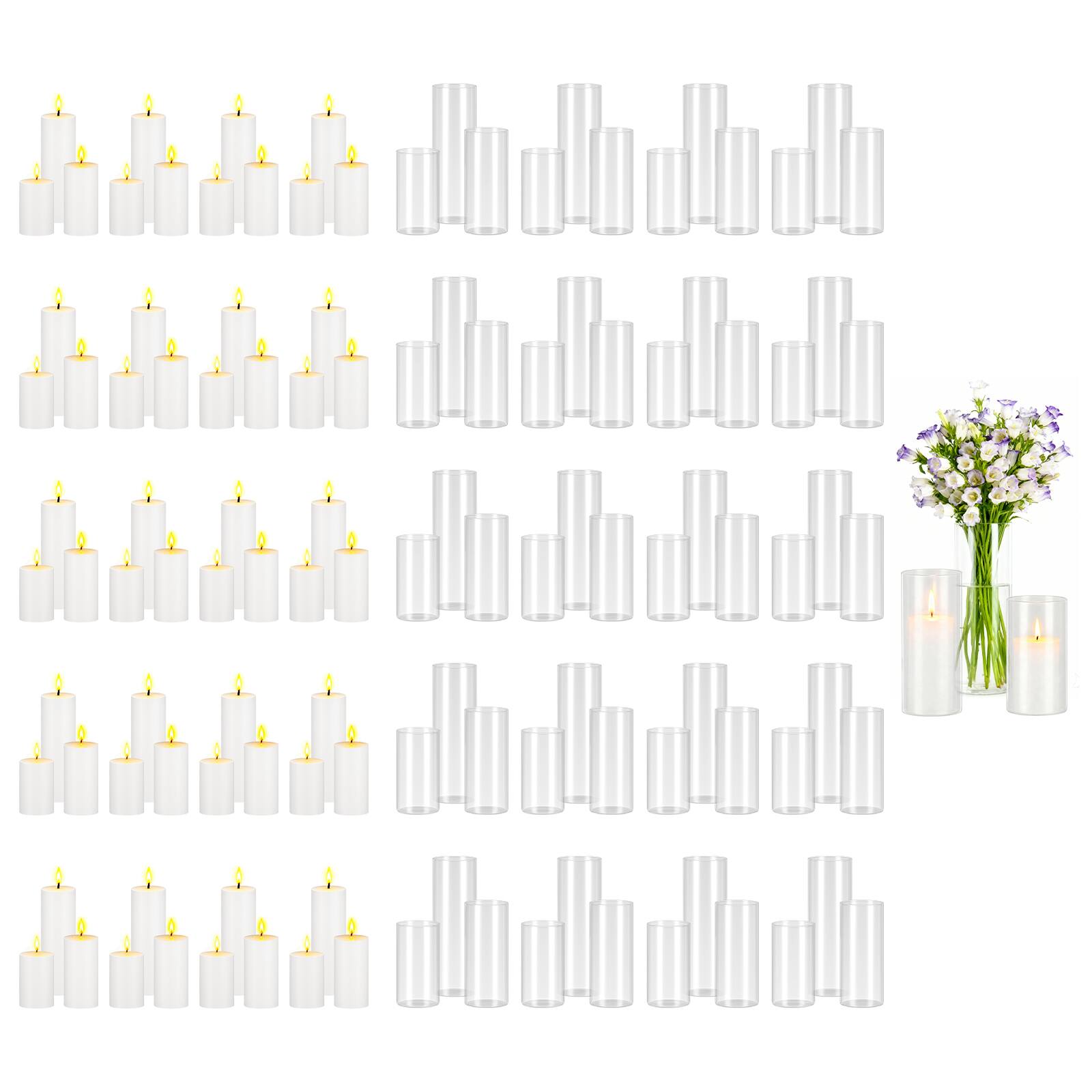 VEVOR - Pillar Candles and Glass Vases Set 120 Pcs, Clear Cylinder Hurricane Candle Holders for Wedding Centerpieces, Tall Vase - Transparent White