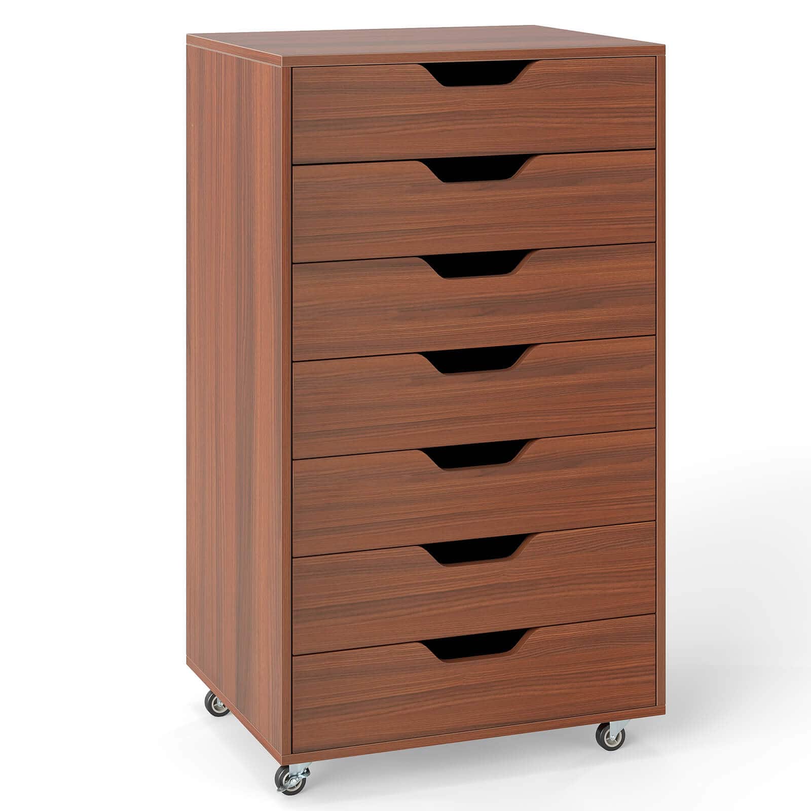Costway - 7-Drawer Chest Mobile File Cabinet Vertical Filing Organizer with Lockable Wheels - Walnut