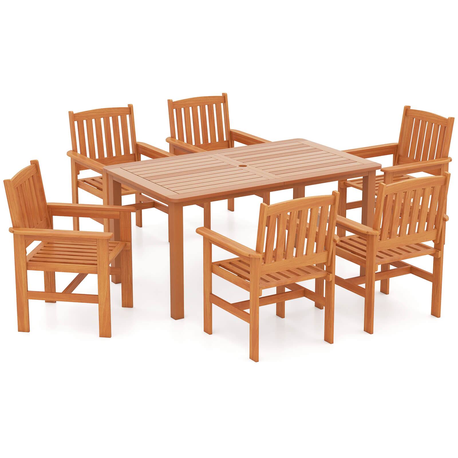 Front. Costway - Costway 7 PCS Patio Wood Dining Table Set with 2" Umbrella Hole Outside Furniture Set - Natural.