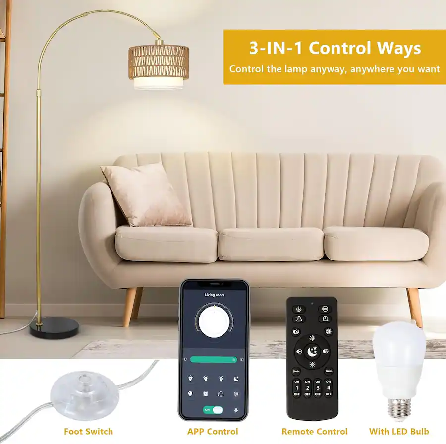 Led Florring MERAVOM Rattan Boho Arc Floor Lamps for Living Room with 3 Color ...