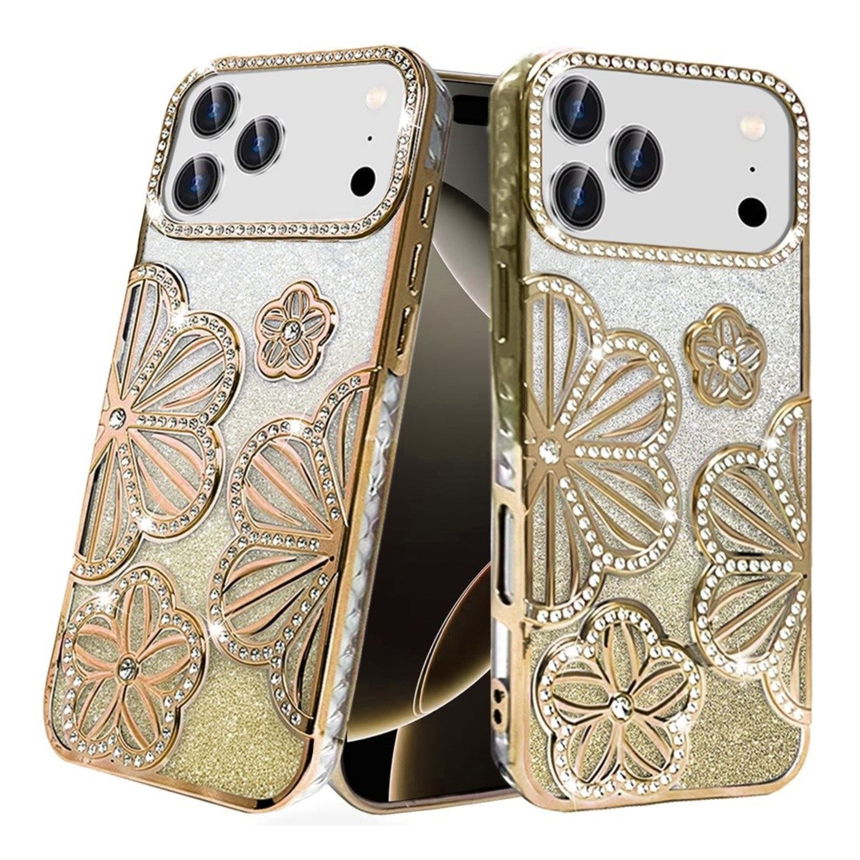 Kitcheniva - 3D Floral Glitter TPU Phone Case With Tempered Glass For iPhone 17 Pro - Gold price history on PriceWatchPro