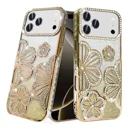 Kitcheniva - 3D Floral Glitter TPU Phone Case With Tempered Glass For iPhone 17 Pro - Gold