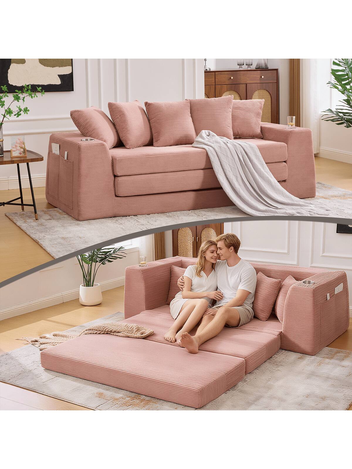 Left. Trinkets Crazed - 82.25" Convertible Sofa Bed, Loveseat Sleeper Sofa, 2 In 1 Sofa, Corduroy Pull Out Sofa Bed, 5 Pillows, Side Pocket - Pink.