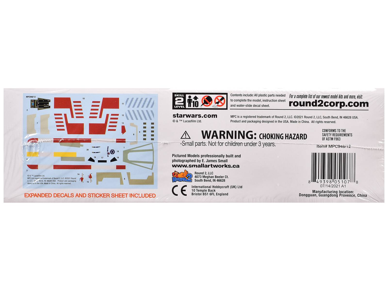**MPSET**

**SKILL LEVEL 2**

**starwars.com**

**round2corp.com**

**Contents include: All plastic parts needed to complete the model, instruction sheet and water-slide decal sheet.**

**MPC is a registered trademark of Round 2, LLC. ©2021 Round 2, LLC, South Bend, IN 46628 USA.**

**Product and packaging designed in the USA. Made in China. All rights reserved.**

**WARNING: CHOKING HAZARD - Small parts. Not for children under 3 years.**

**CONFORMS TO THE SAFETY REQUIREMENTS OF ASTM F963**

**Item# MPC948/12**

**Pictured Models professionally built and photographed by E. James Small www.smallartworks.ca**

**Round 2, LLC**

**4073 Meghan Beeler Ct. South Bend, IN 46628**

**International Hobbycraft (UK) Ltd**

**10 Temple Back Bristol BS1 GFL, England**

**EXPANDED DECALS AND STICKER SHEET INCLUDED**

**Manufacturing location: Dongguan, Guangdong Province, China**

**Barcode: 8 