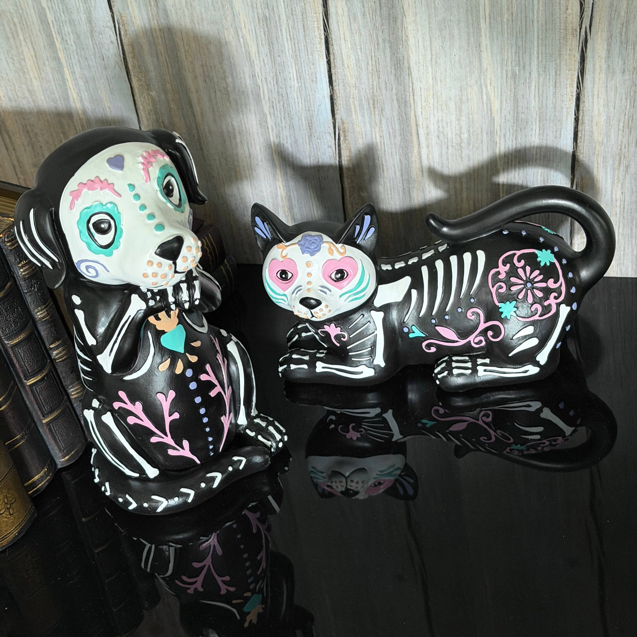 Alt View 7. Things2Die4 - Day of the Dead Cat and Dog Figurine Set 2 Glossy Resin Skeleton Statues - Multicolor.