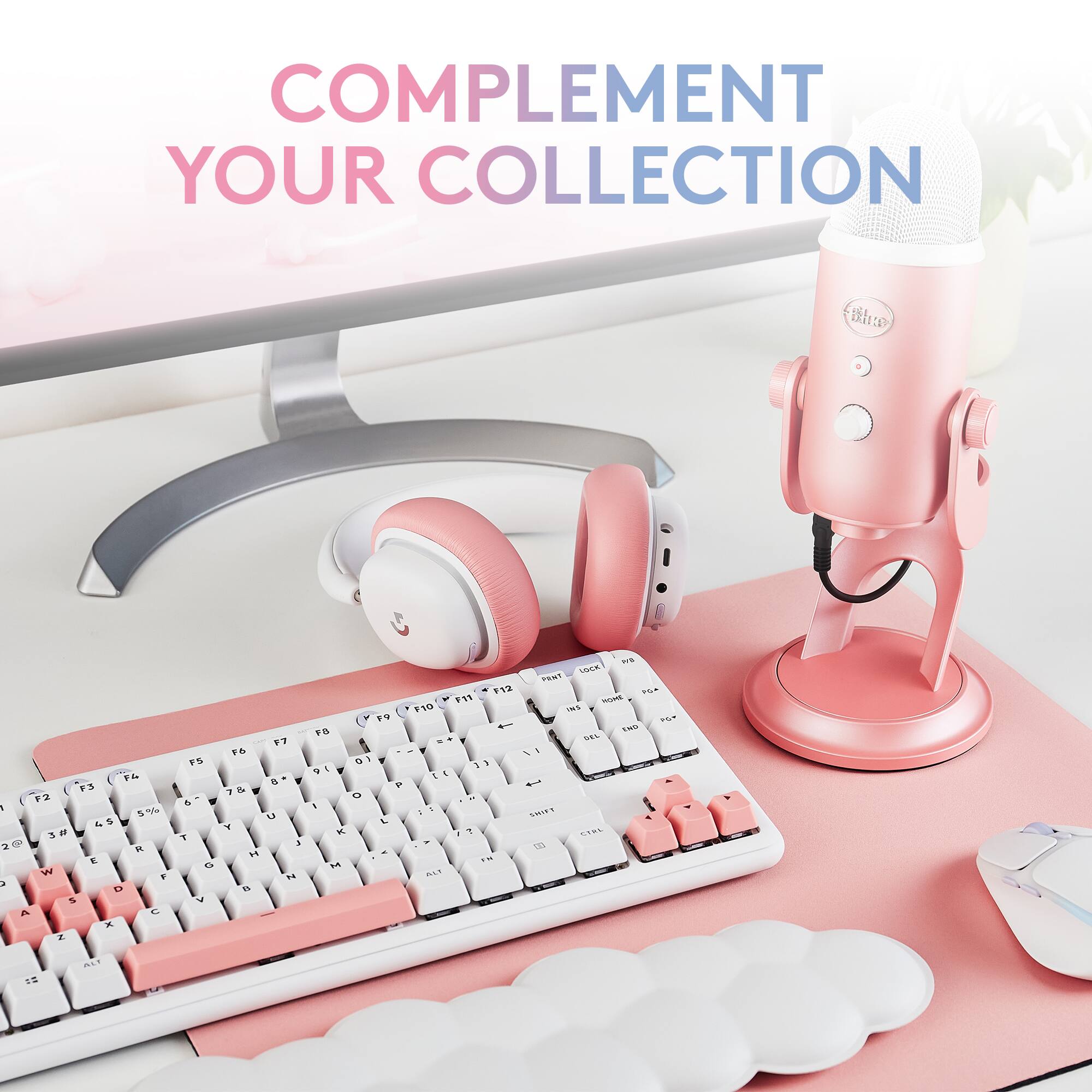 Complement your collection with the F&F3 and F&F2 keyboards. The F&F3 features a pink color scheme, while the F&F2 offers a white and pink design. Both keyboards are equipped with a pink microphone and pink headphones, making them a complete set for your collection.