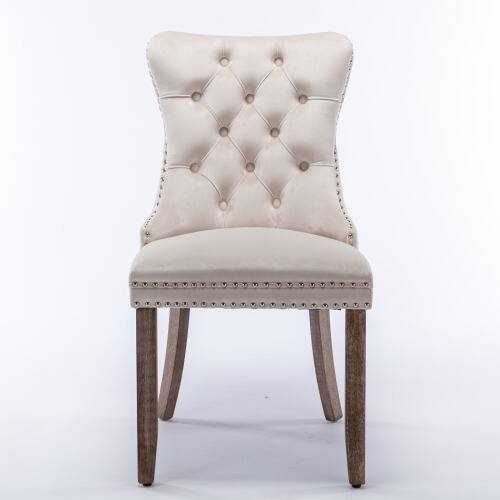 Left. LUCKY ONE - Assembled Tufted Velvet Dining Chair Set of 2 with Wood Legs Nailhead Trim High Back - Beige.