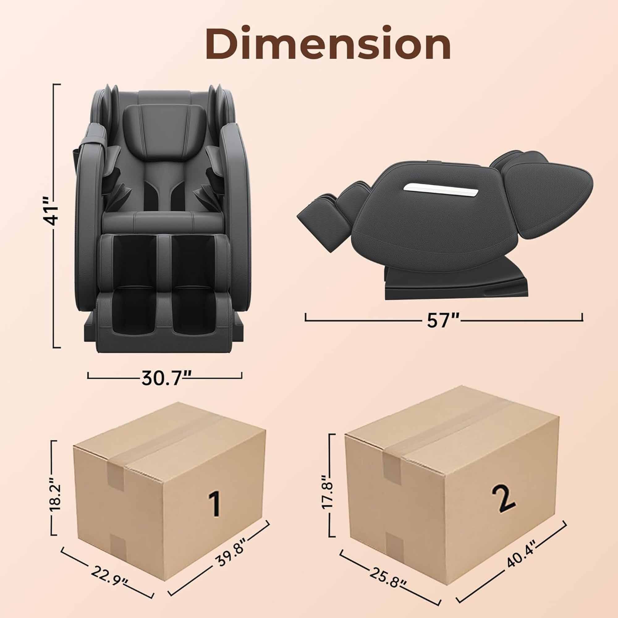 Dimension

- 41" x 30.7"
- 57" x 18.2" x 22.9"
- 1: 39.8" x 22.9"
- 2: 40.4" x 25.8" x 17.8"