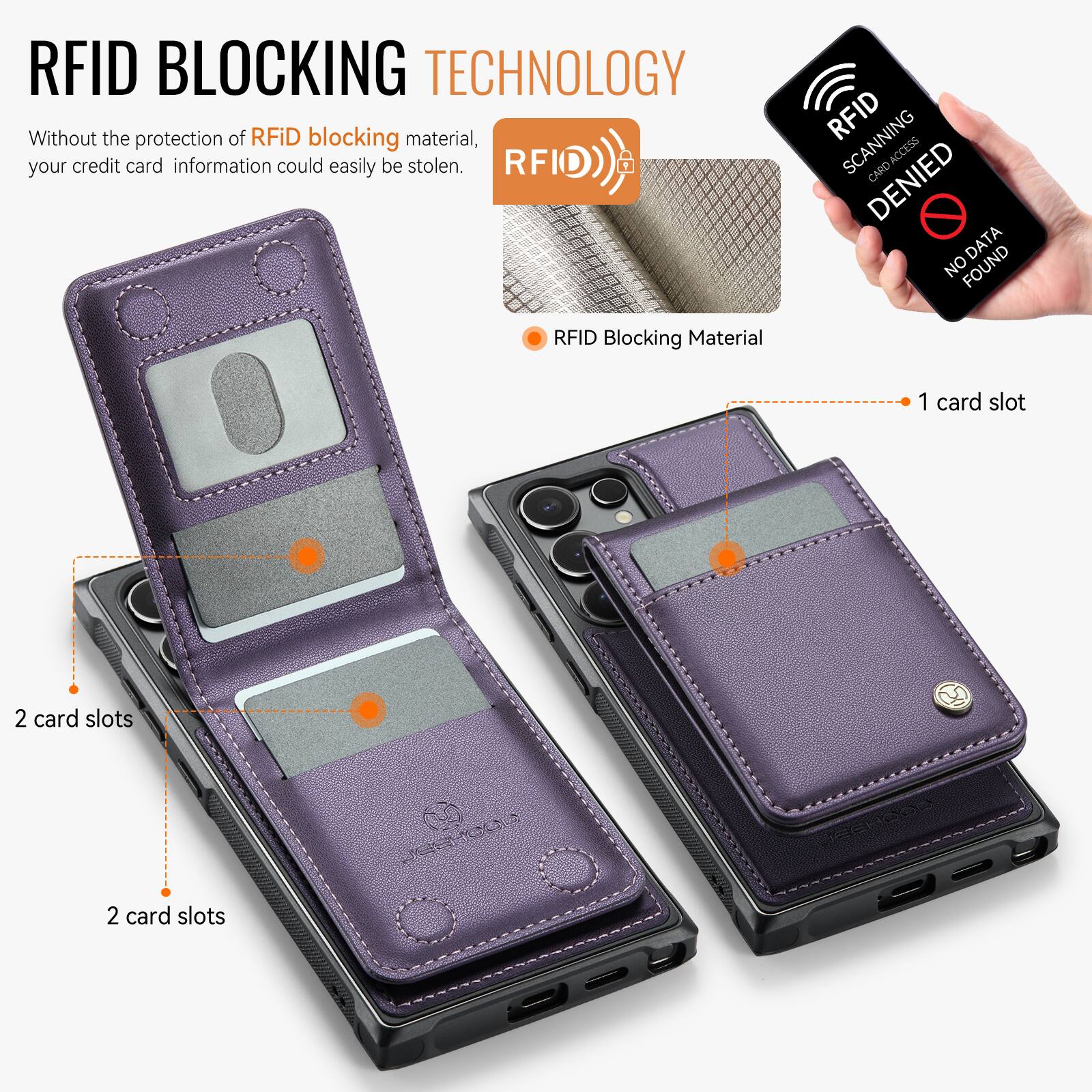 RFID BLOCKING TECHNOLOGY

Without the protection of RFID blocking material, your credit card information could easily be stolen.

RFID Blocking Material

1 card slot

2 card slots

2 card slots