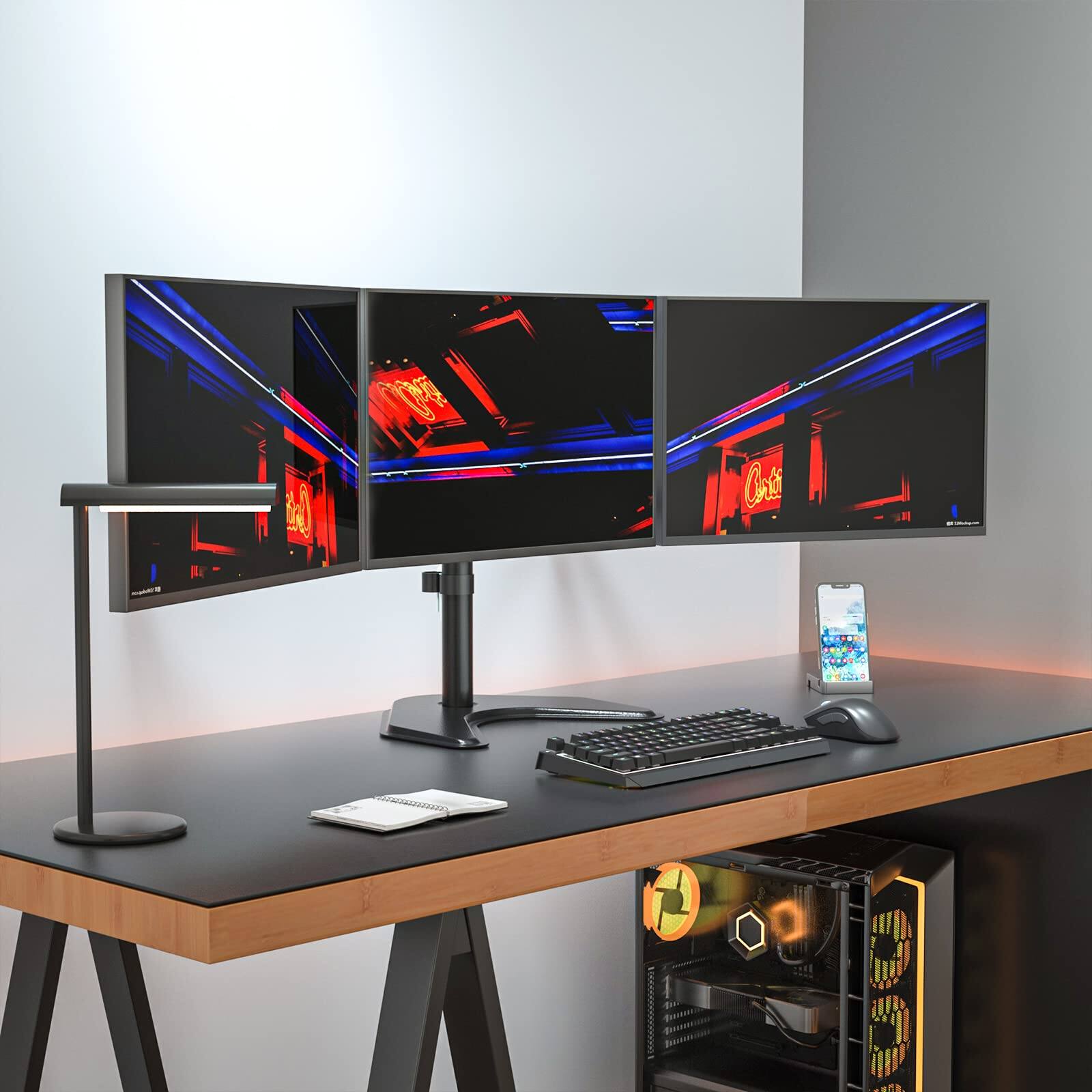 Angle. Hirose Alice - Triple Monitor Stand  Free Standing Three Lcd Fully Adjustable Desk Mount Fits 3 Screens Up To 27 Inch 22 Lbs - Black-Triple.