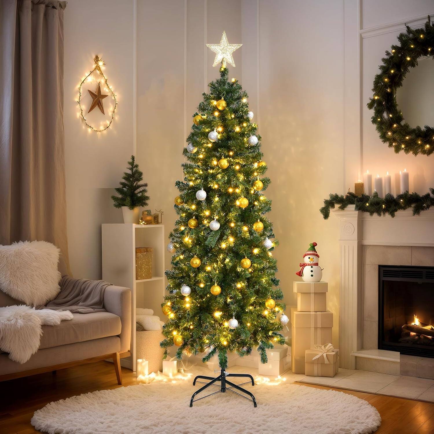 Alt View 5. Winado - 6FT Christmas Pencil Tree Pre Lit with Lights, Realistic Slim Tree for Indoor Home Office Party Holiday Decorations - Green.