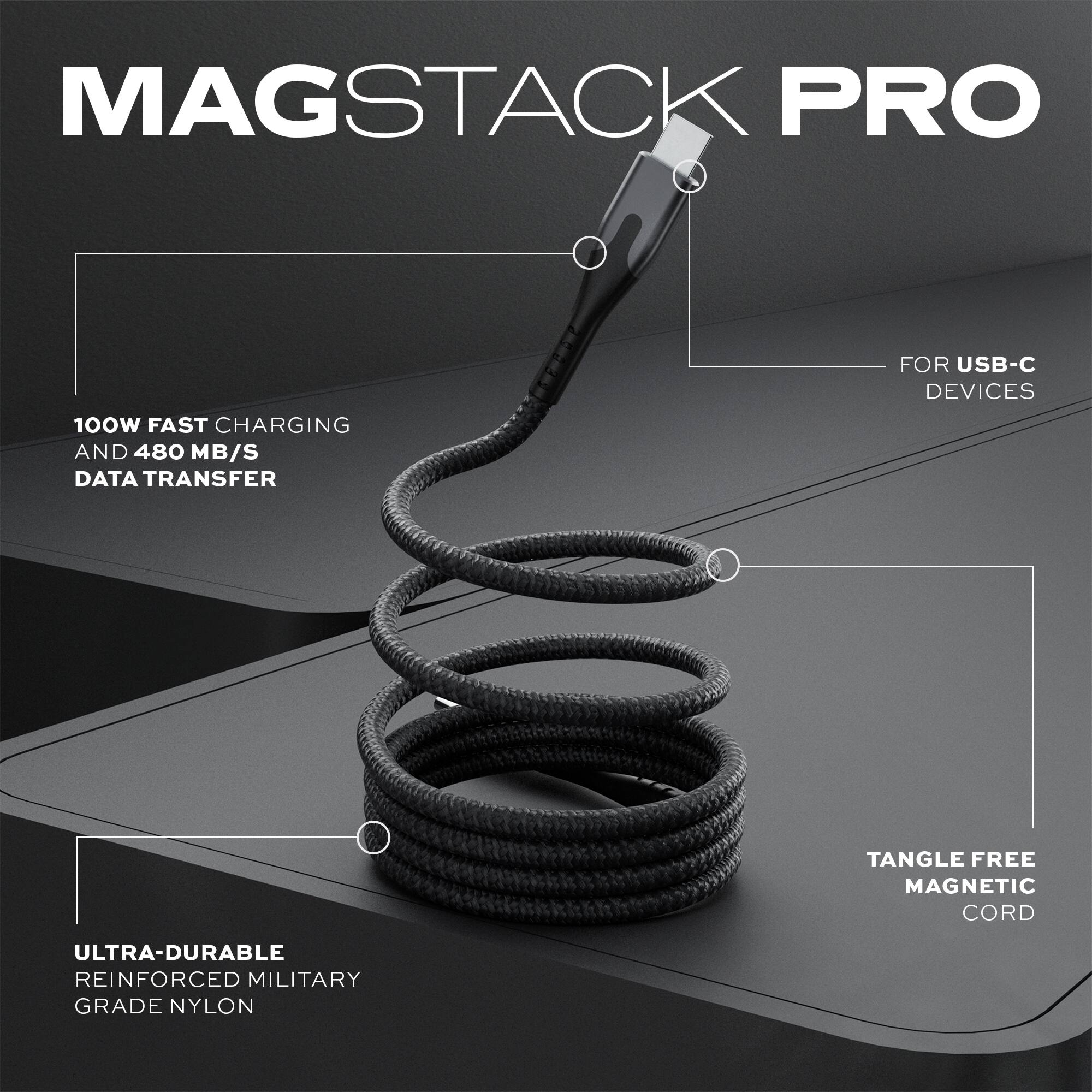 MagStack Pro 100W Fast Charging and 480 MB/S Data Transfer for USB-C Devices Tangle Free Magnetic Cord Ultra-Durable Reinforced Military Grade Nylon