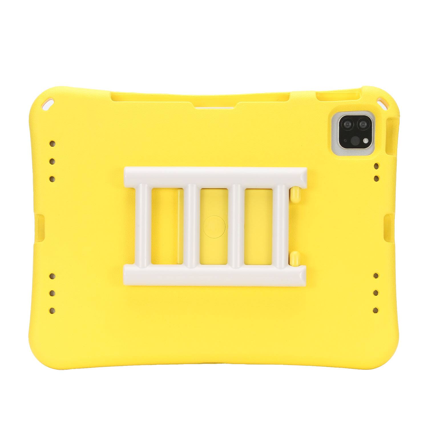 The image shows a yellow phone case with a white handle attachment.