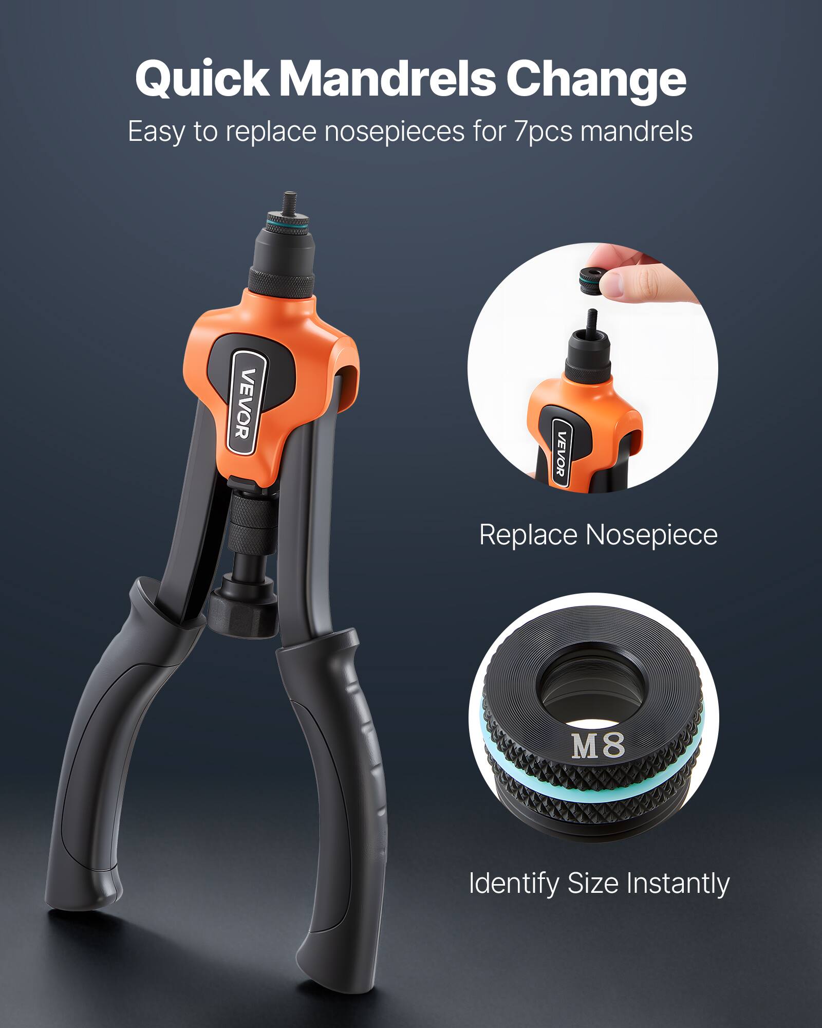 Quick Mandrels Change  
Easy to replace nosepieces for 7pcs mandrels  

Replace Nosepiece  

Identify Size Instantly