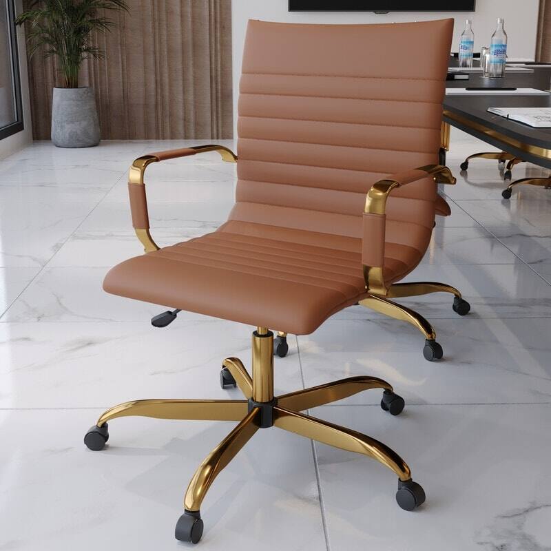 Angle. LeisureMod - Harris Mid-Back Office Chair, Leather Upholstery with Gold Metal Frame Modern Armless Desk Chair for Conference Seating - Light Brown.