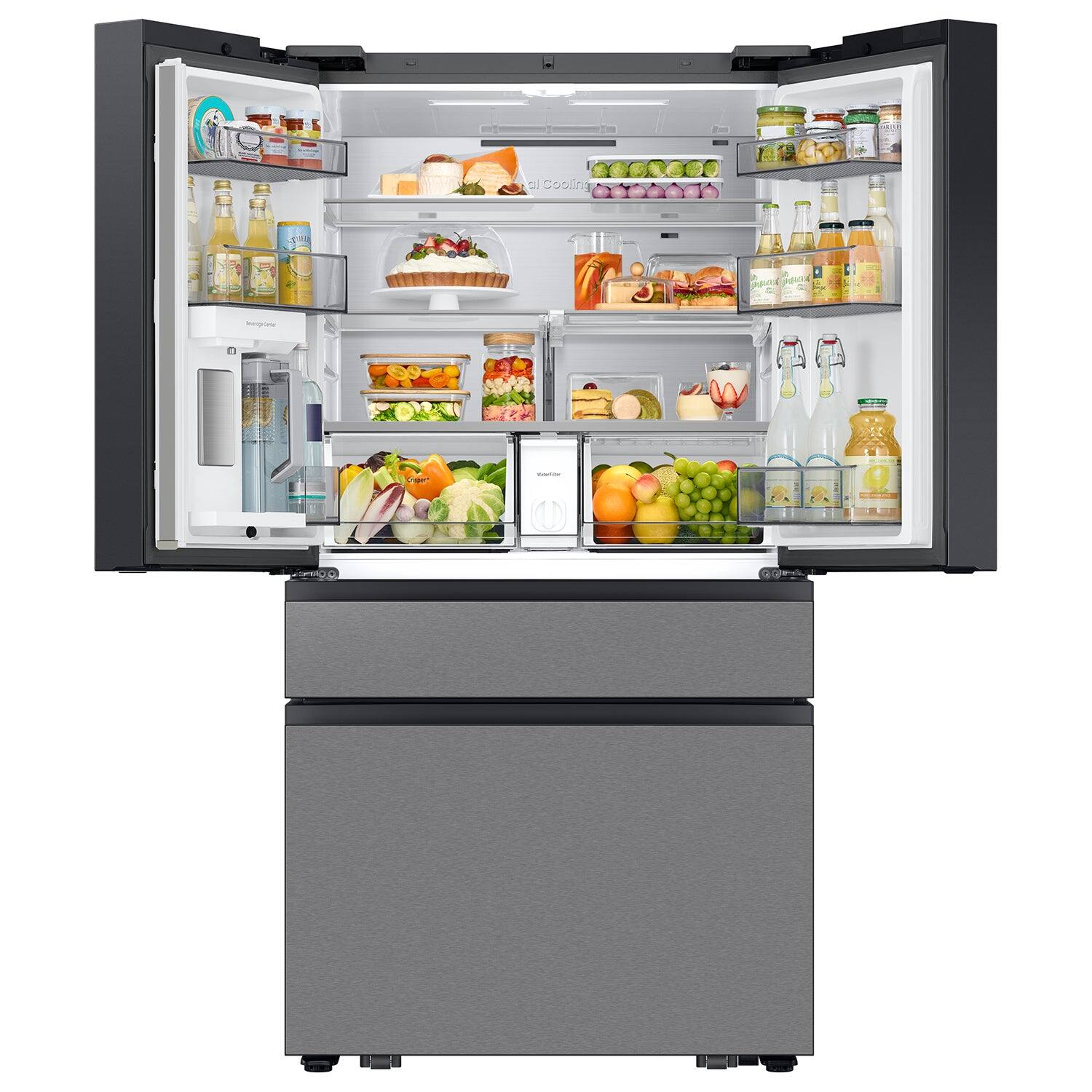Alt View 20. Samsung - Bespoke 23 cu. ft. Counter Depth 4-Door French Door Refrigerator with AI Family Hub+ & Inner Beverage Center - Charcoal Glass & Stainless Steel.