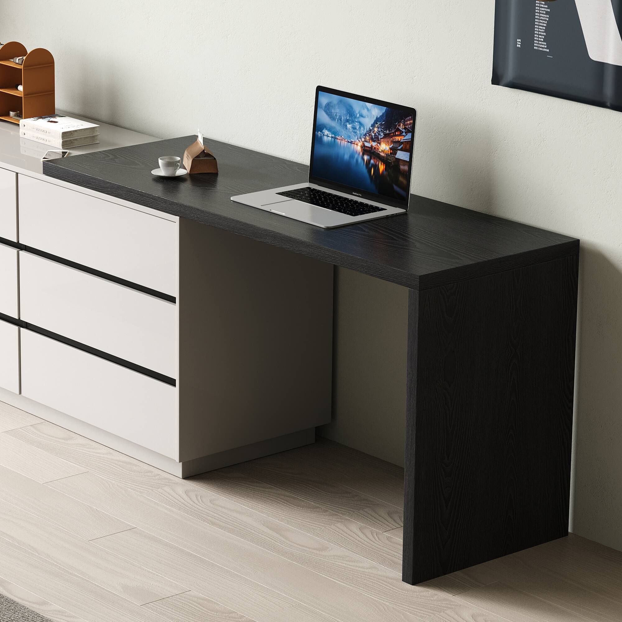 Alt View 1. luck idea - Modern Extendable Writing Desk with 6 Drawers, Reversible Left/Right Design, Home Office Computer Desk for Bedroom & Stu - Black.