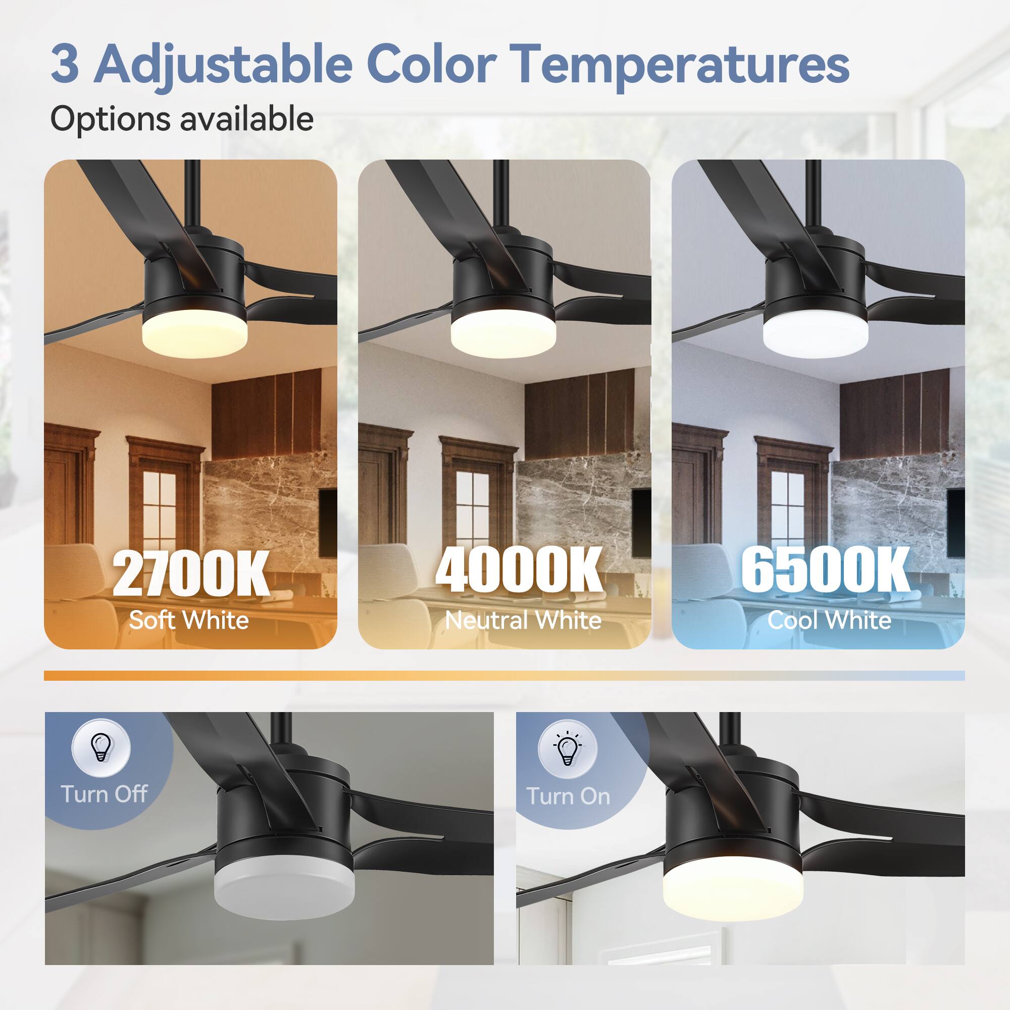 3 Adjustable Color Temperatures Options available
2700K Soft White
4000K Neutral White
6500K Cool White
Turn Off
Turn On