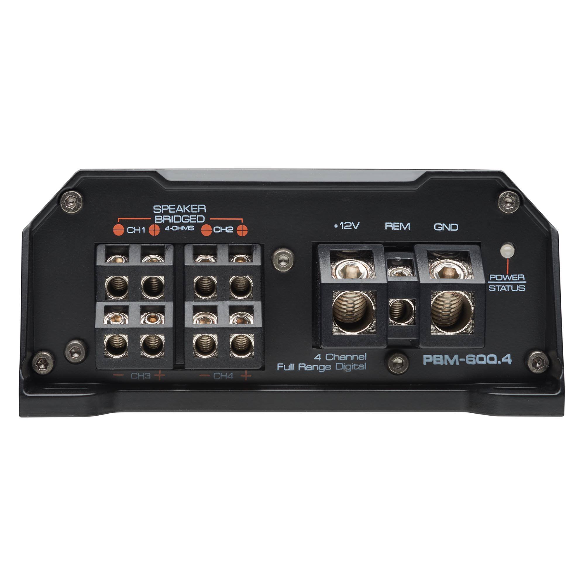 SPEAKER BRIDGED  
CH1 4-0HMS  
CH2 12V REM GND  
POWER STATUS  
CH3 +  
CH4 +  
4 Channel Full Range Digital  
PBM-600.4