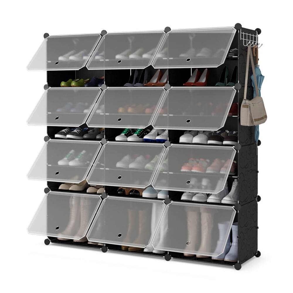 Angle. Kadyn - 12-Cube 48 Pairs Portable Shoe Shelves with Hook-Black, Space-Saving Shoe Rack Organizer for Closet Entryway - Black.