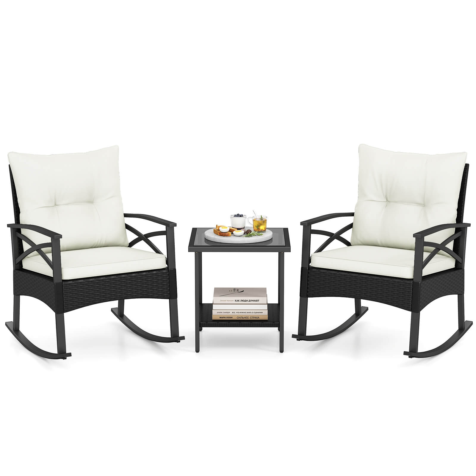Costway - 3-Piece Rattan Rocking Bistro Set with Tempered Glass Tabletop & Cushions for Porch - Black + Off-White price history on PriceWatchPro