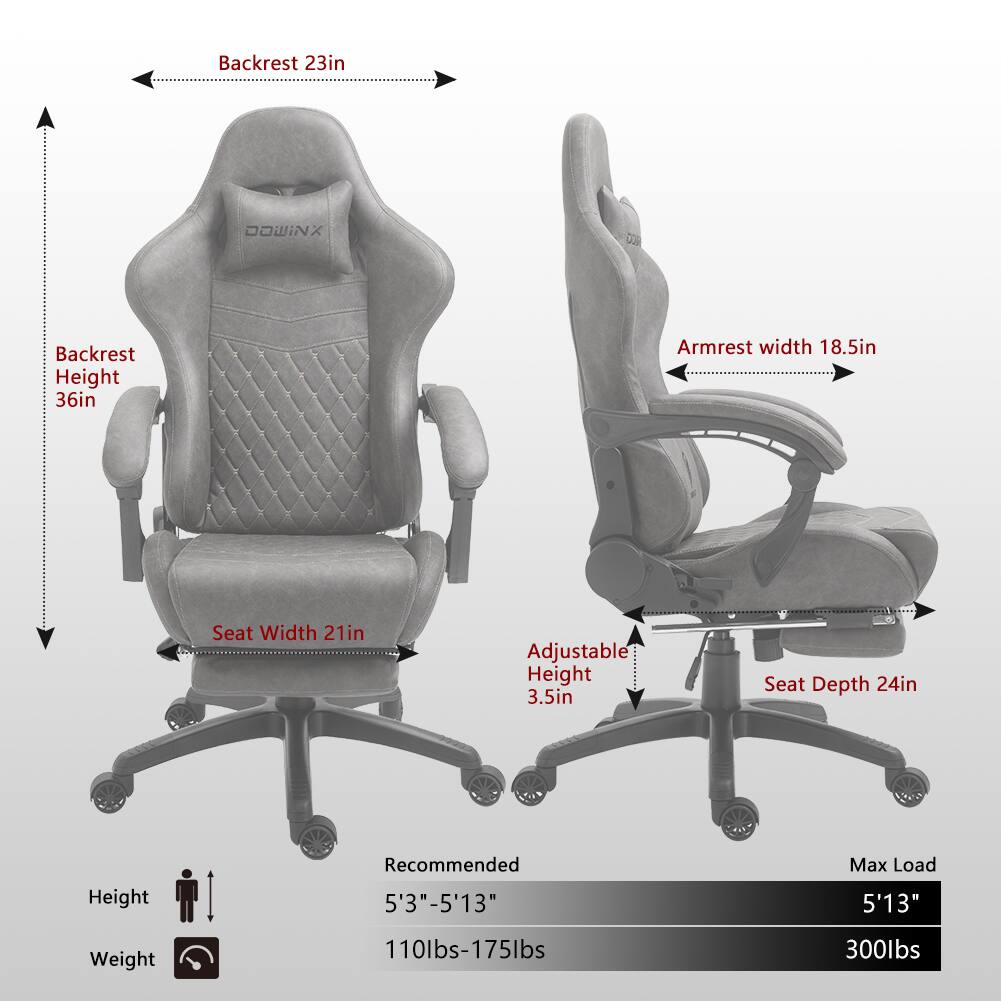 Backrest: 23in  
Backrest Height: 36in  
Armrest Width: 18.5in  
Seat Width: 21in  
Adjustable Height: 3.5in  
Seat Depth: 24in  

Recommended Height: 5'3" - 5'13"  
Max Load Height: 5'13"  
Weight: 110lbs - 175lbs  
Max Load: 300lbs