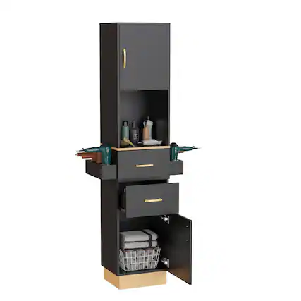 Front. Winado - Salon Storage Station Barber Stations Beauty Spa Equipment with Hair Dryer Holders, Storage Cabinet, Drawers for Bedroom - Black & Gold.