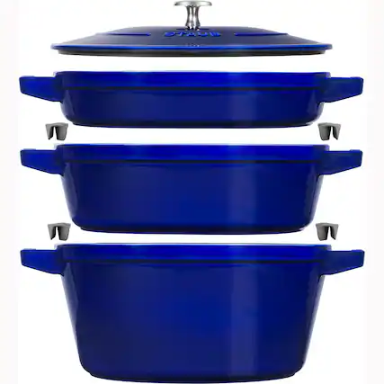 Front. Staub - STAUB Cast Iron Set 4-pc, Stackable Space-Saving Cookware Set, Dutch Oven with Universal Lid, Made in France, Dark Blue - Dark Blue.
