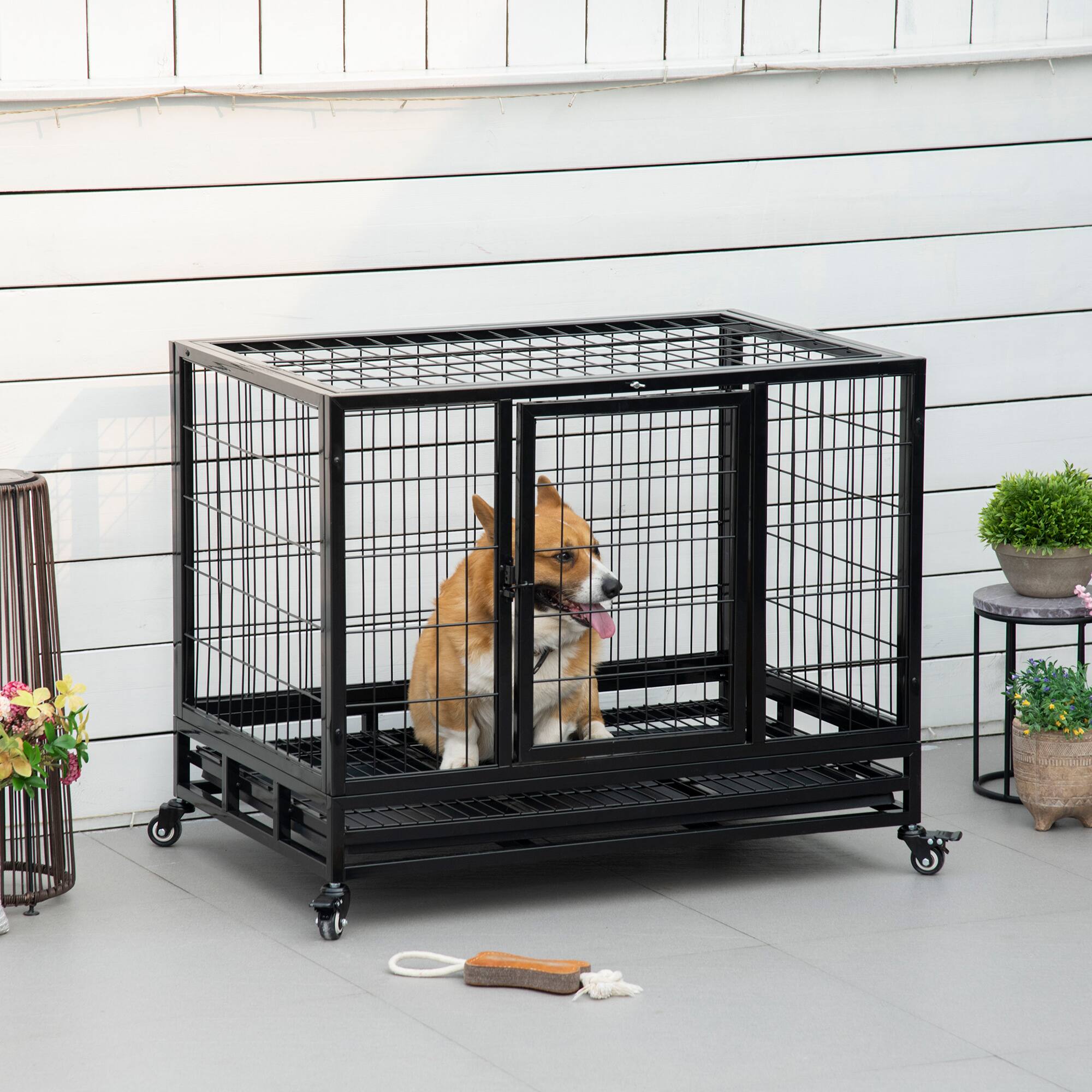 Angle. Pawhut - 36" Heavy Duty Dog Crate, Indestructible Dog Cage Kennel with Removable Tray, Lockable Wheels, Double Door.