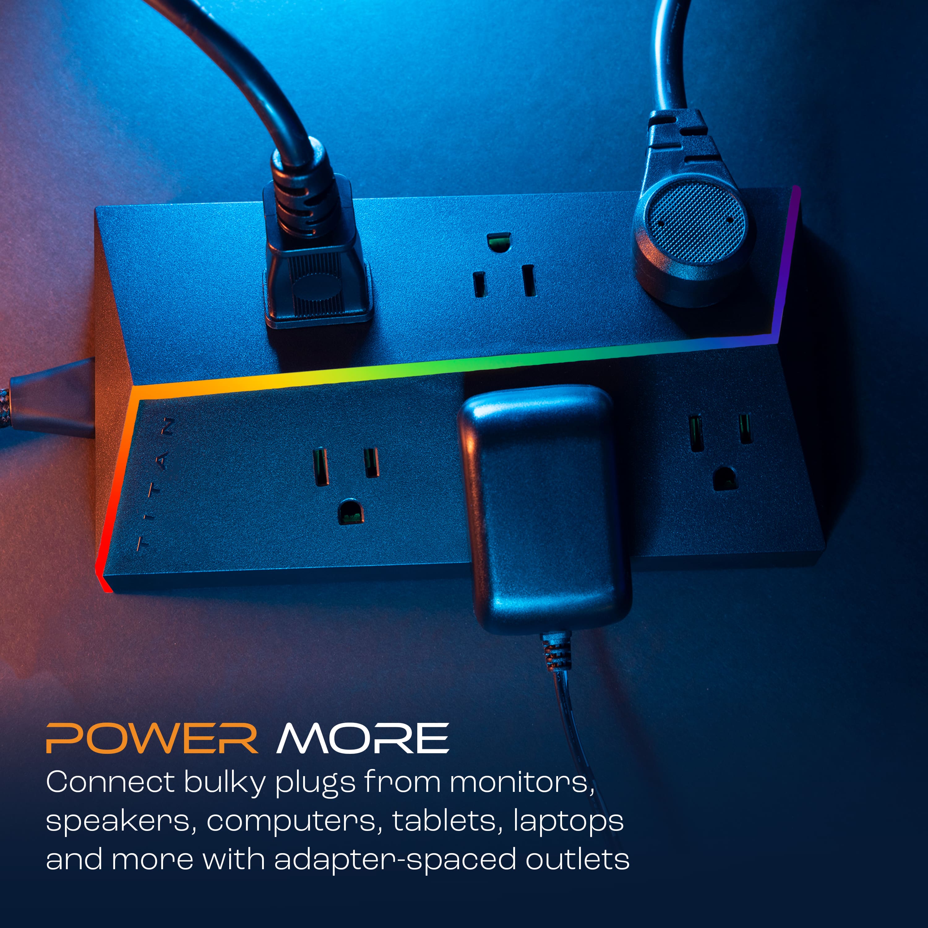 Power More Connect bulky plugs from monitors, speakers, computers, tablets, laptops, and more with adapter-spaced outlets.