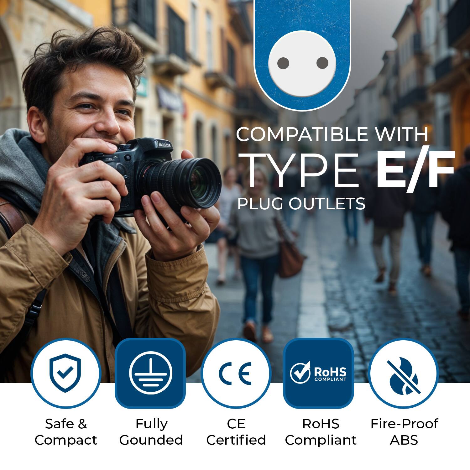 COMPATIBLE WITH TYPE E/F PLUG OUTLETS

Safe & Compact  
Fully Gounded  
CE Certified  
RoHS Compliant  
Fire-Proof ABS