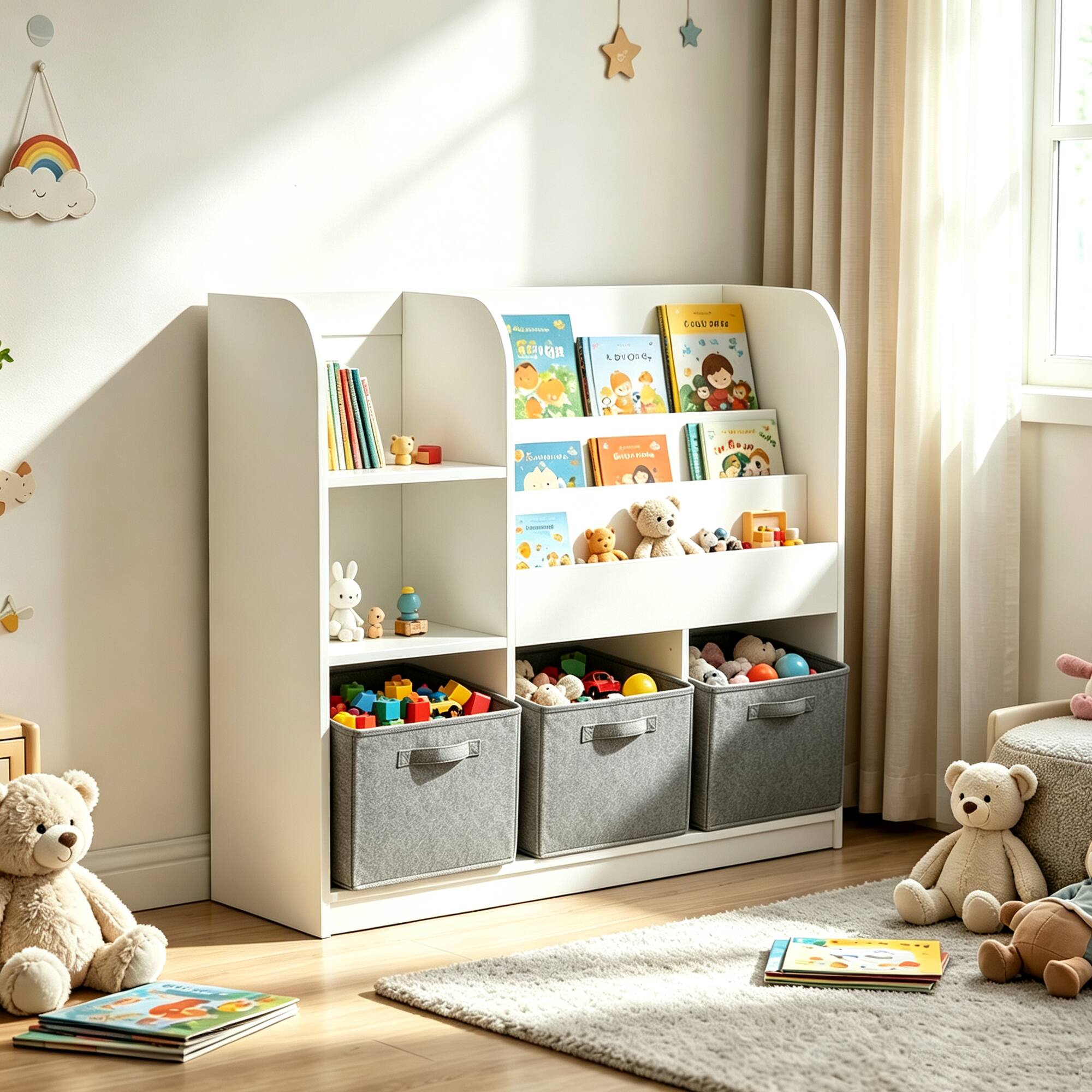 Z-Edge - Kids Bookcase and Bookshelf, Bookcase with 3 Collapsible Fabric Drawers, Toy Storage Organizer for Bedroom, Playroom - Gray