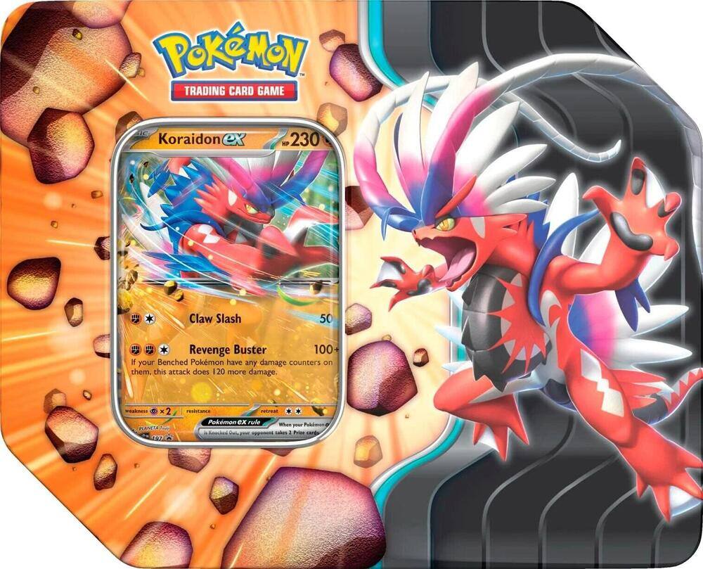 Pokémon Trading Card Game  
Koraidon ex  
HP 230  

Claw Slash 50  
Revenge Buster 100  
If your Benched Pokémon have any damage counters on them, this attack does 120 more damage.  

Weakness: ×2  
Resistance: Pokémon ex rule  
When your Pokémon Knocked Out your opponent's Pokémon, take 2 Prize cards.