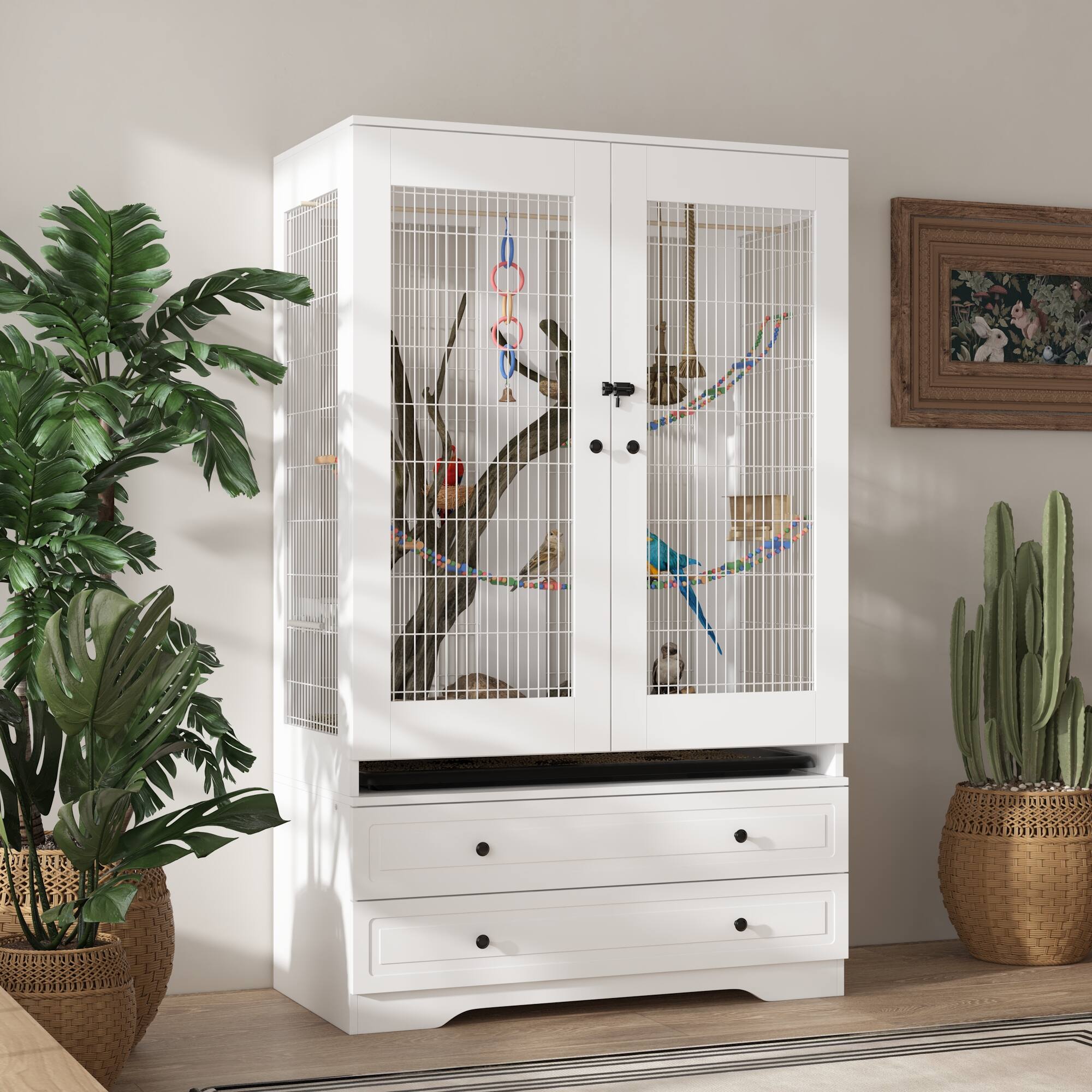 Left. Famapy - Modern Bird Cage Furniture with Storage Drawers – Parrot & Small Bird Habitat with Stylish Home Display Design.