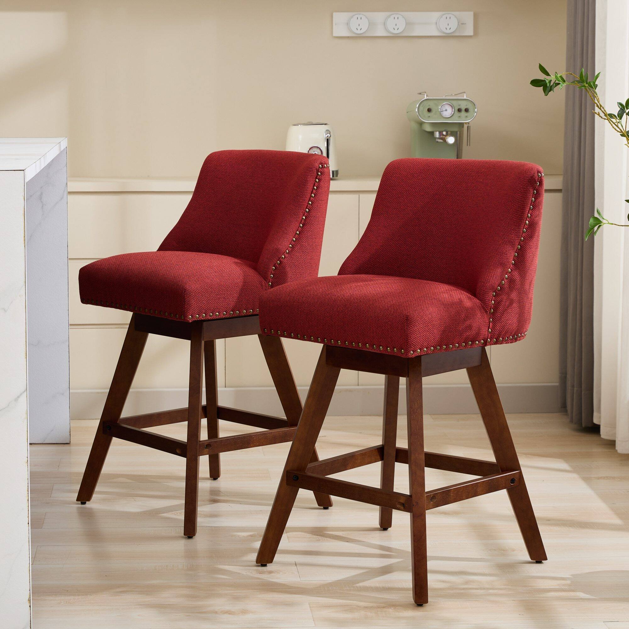 Alt View 2. Trinkets Crazed - Counter Height Swivel Barstools Set of 2, 26'' H Seat Height Upholstered Bar Stools, Fabric - Red.