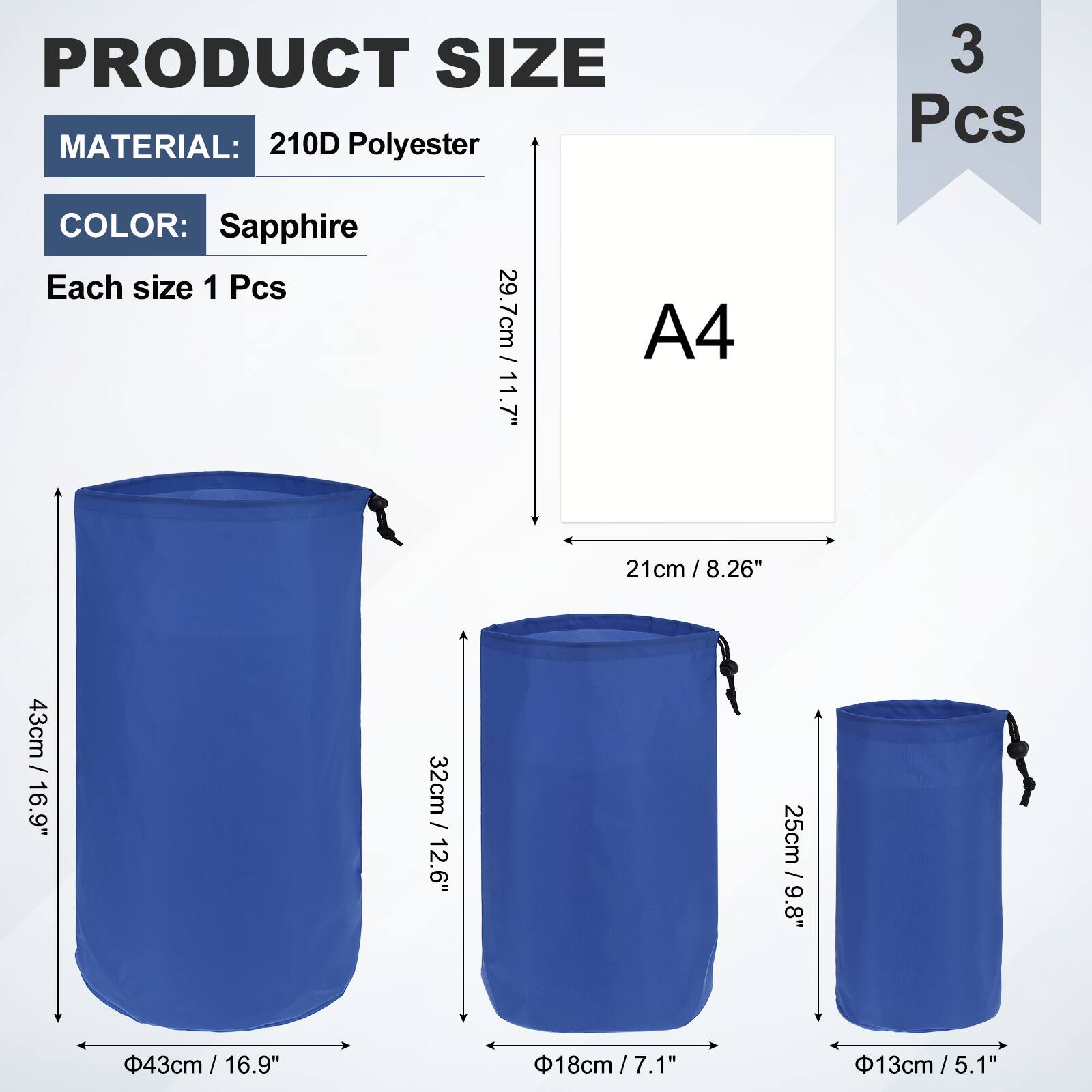 PRODUCT SIZE  
MATERIAL: 210D Polyester  
COLOR: Sapphire  
Each size 1 Pcs  

A4  
29.7cm / 11.7"  
21cm / 8.26"  

3 Pcs  
43cm / 16.9"  
32cm / 12.6"  
25cm / 9.8"  
18cm / 7.1"  
13cm / 5.1"