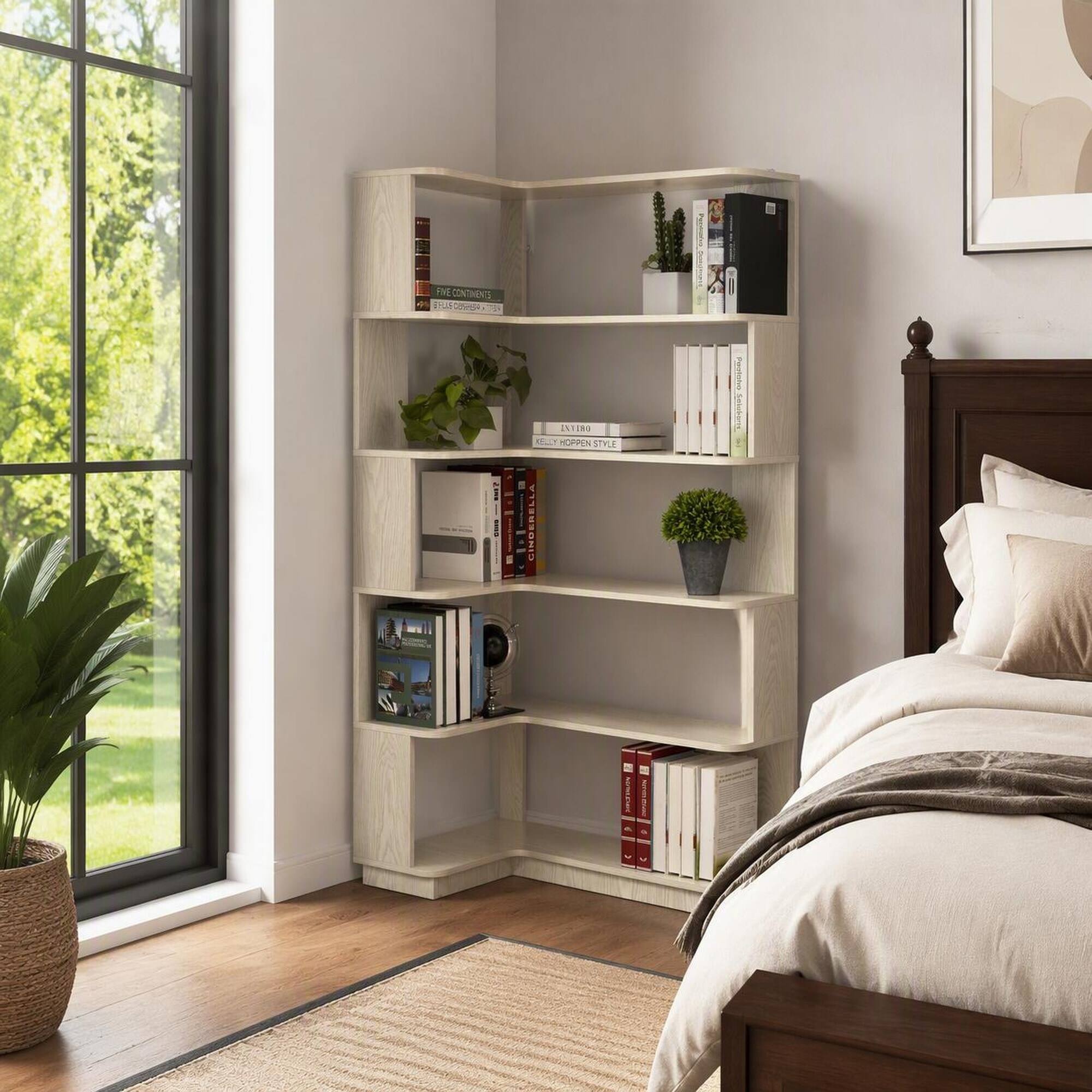 RYHNUYNE 90 in L Shaped Corner Bookshelf 5 Tier Freestanding Open ...