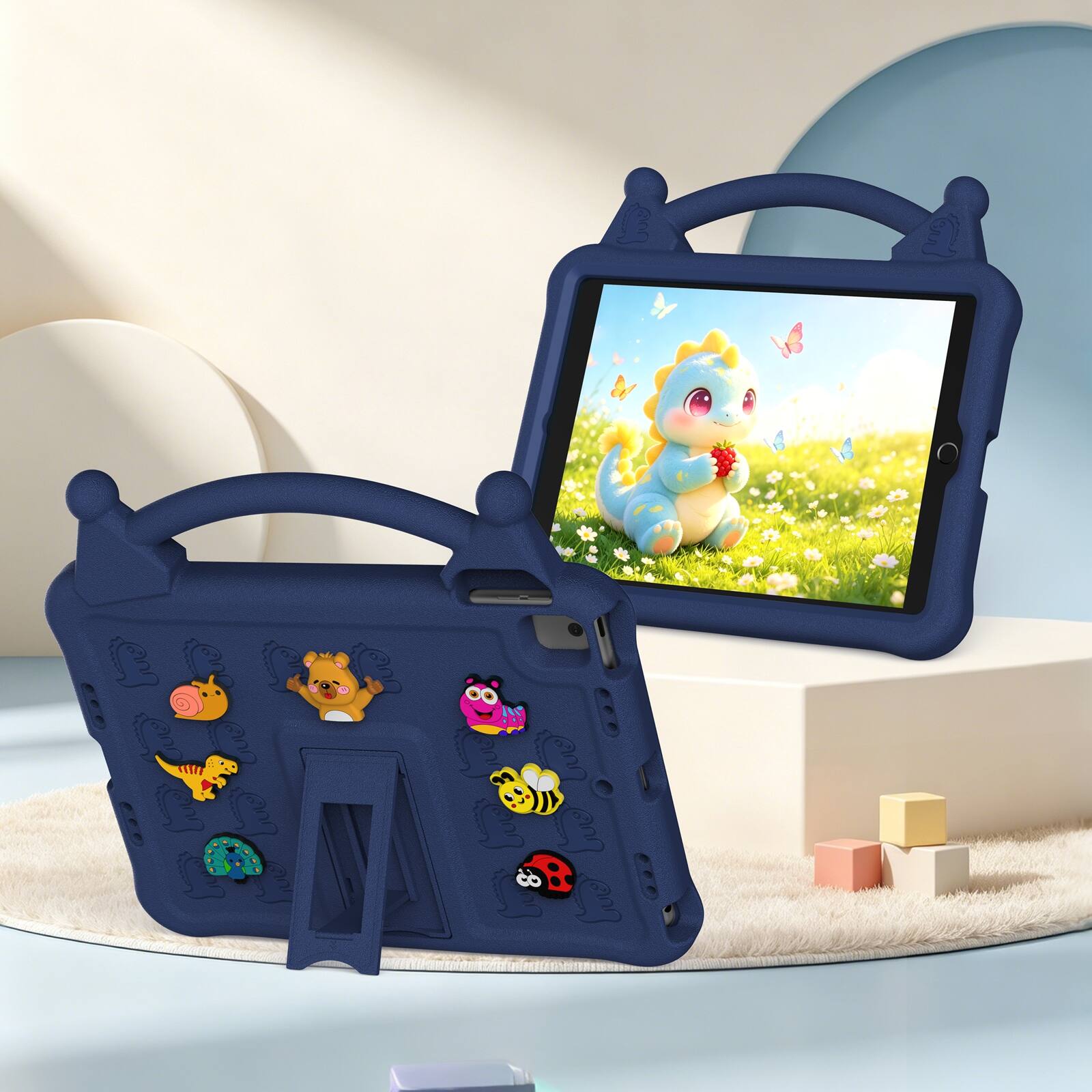 Angle. UUCOVER - Kids Case for iPad 9th 8th 7th Generation 10.2-inch (2021/2020/2019) ,Shockproof EVA Case with Handle Kickstand Cover - Navyblue.